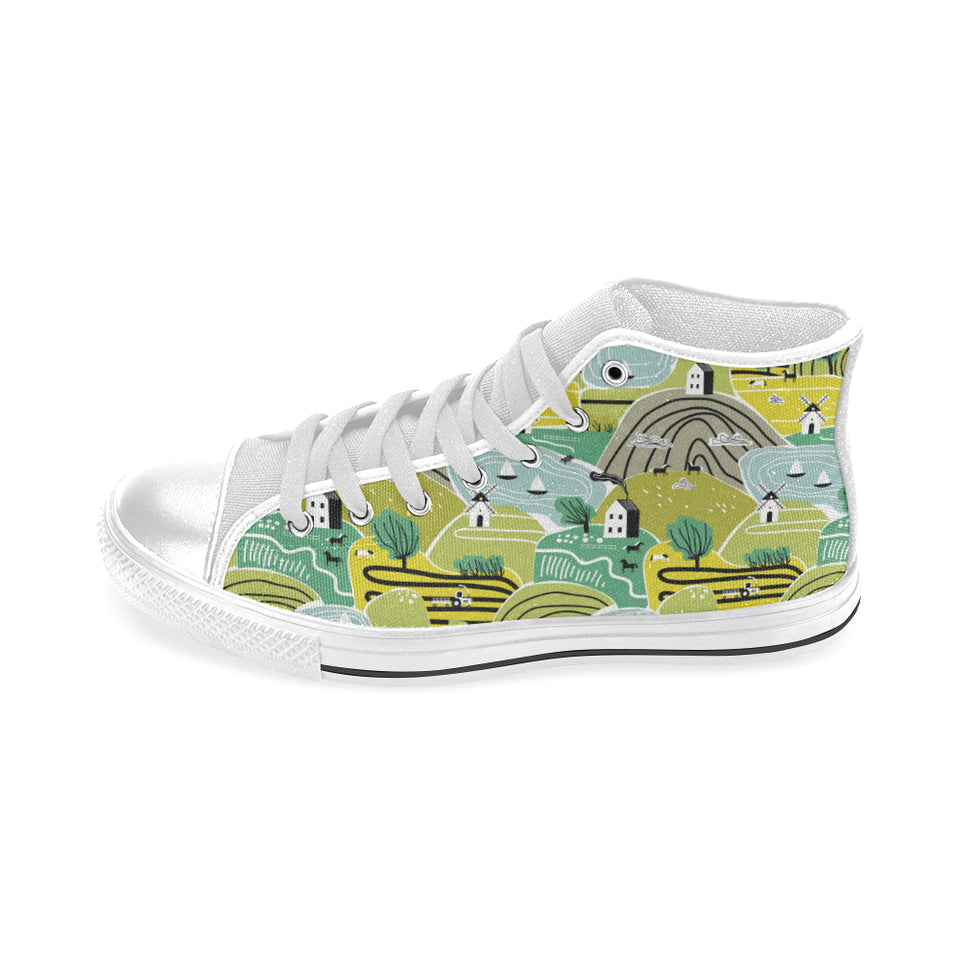 Hand drawn windmill pattern Men's High Top Canvas Shoes White