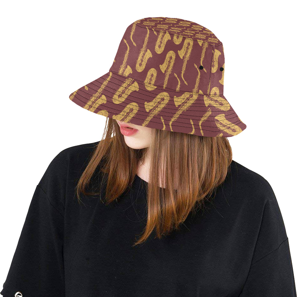 Hand drawn gold saxophone red background Unisex Bucket Hat
