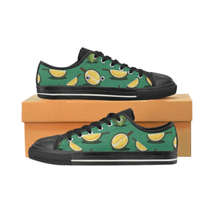 Durian pattern green background Kids' Boys' Girls' Low Top Canvas Shoes Black