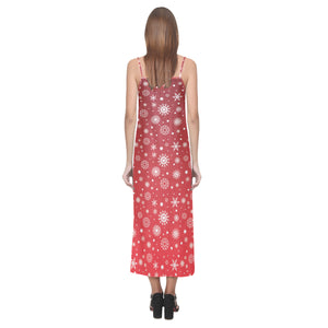 Snowflake pattern red background V-Neck Open Fork Long Dress