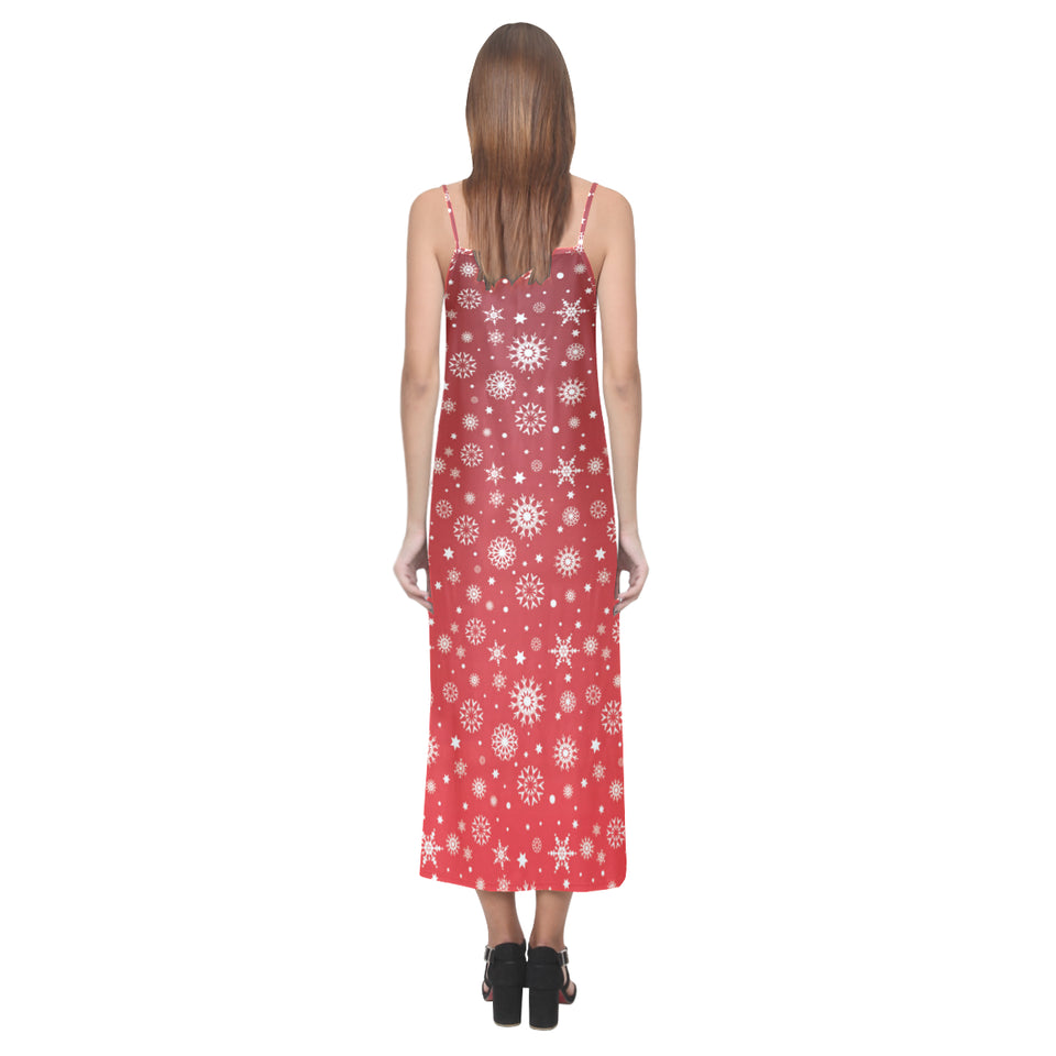 Snowflake pattern red background V-Neck Open Fork Long Dress