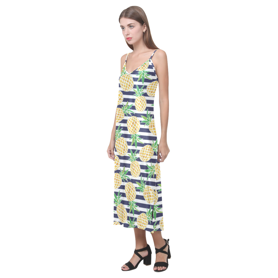 Pineapples pattern striped background V-Neck Open Fork Long Dress