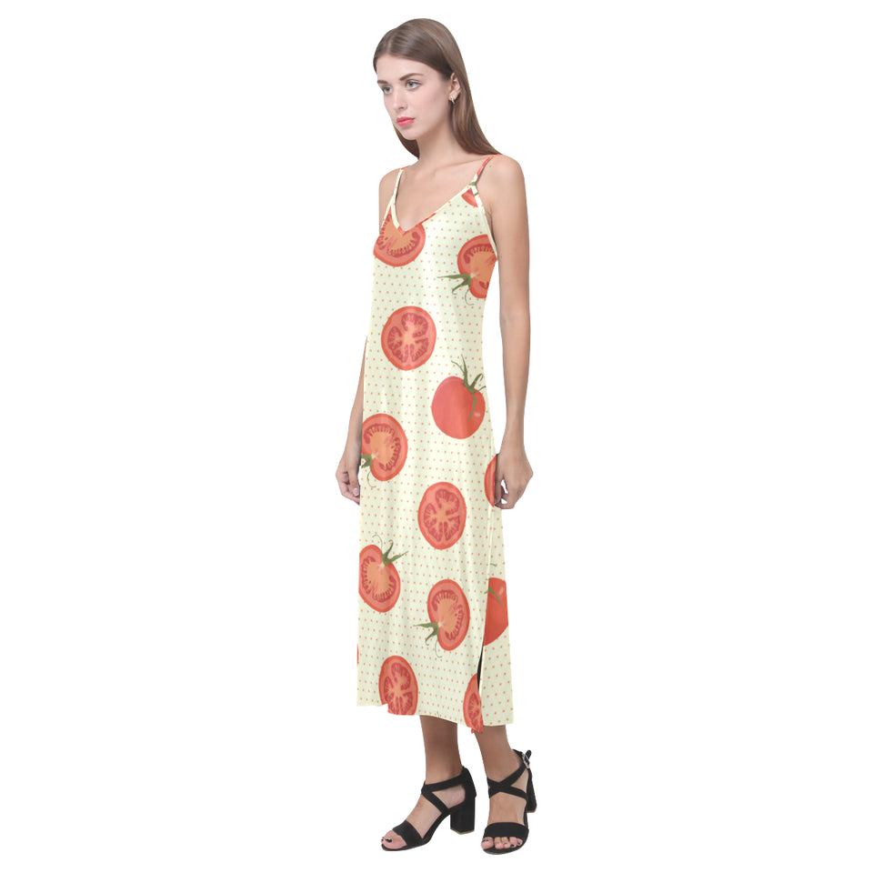Tomato dot background V-Neck Open Fork Long Dress