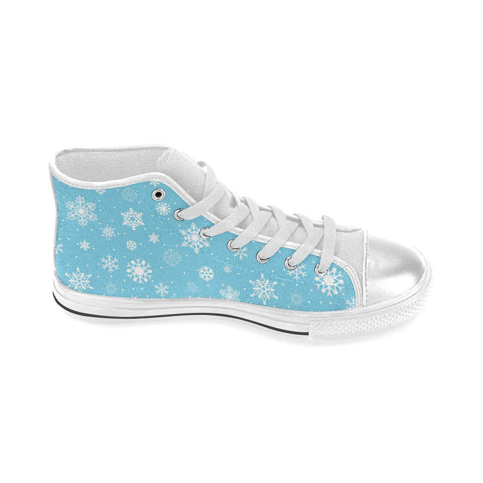 Snowflake pattern blue background Women's High Top Canvas Shoes White