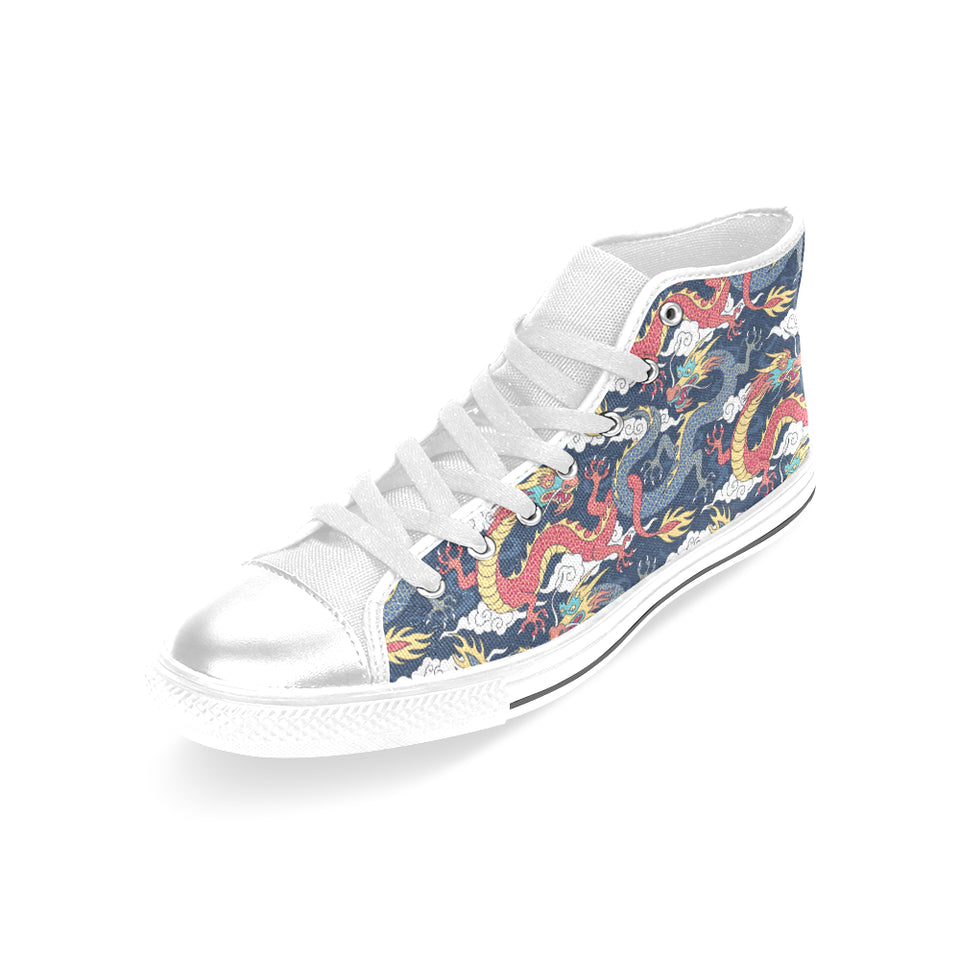 Blue red dragon cloud pattern Women's High Top Canvas Canvas Shoes White