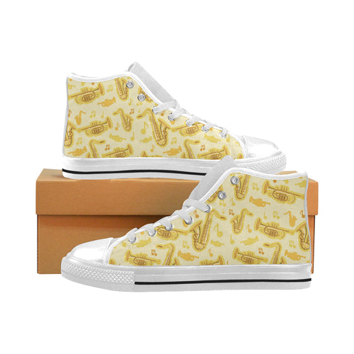 Saxophone cornet pattern yellow background Men's High Top Canvas Shoes White