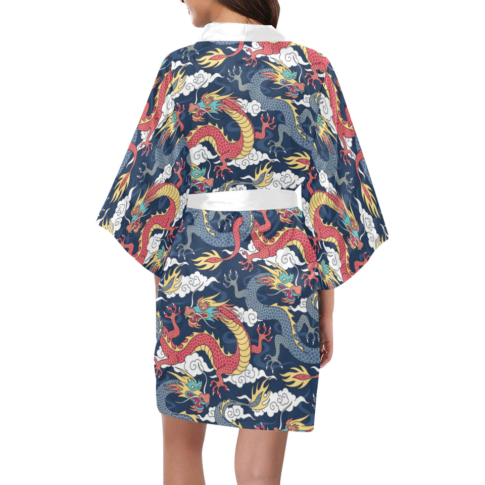 Blue red dragon cloud pattern Women's Short Kimono Robe