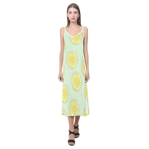 slice of lemon pattern V-Neck Open Fork Long Dress