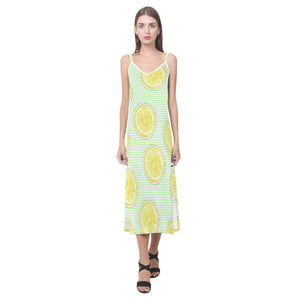 slice of lemon pattern V-Neck Open Fork Long Dress
