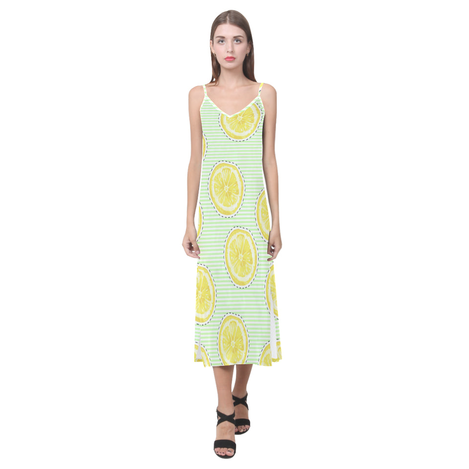 slice of lemon pattern V-Neck Open Fork Long Dress