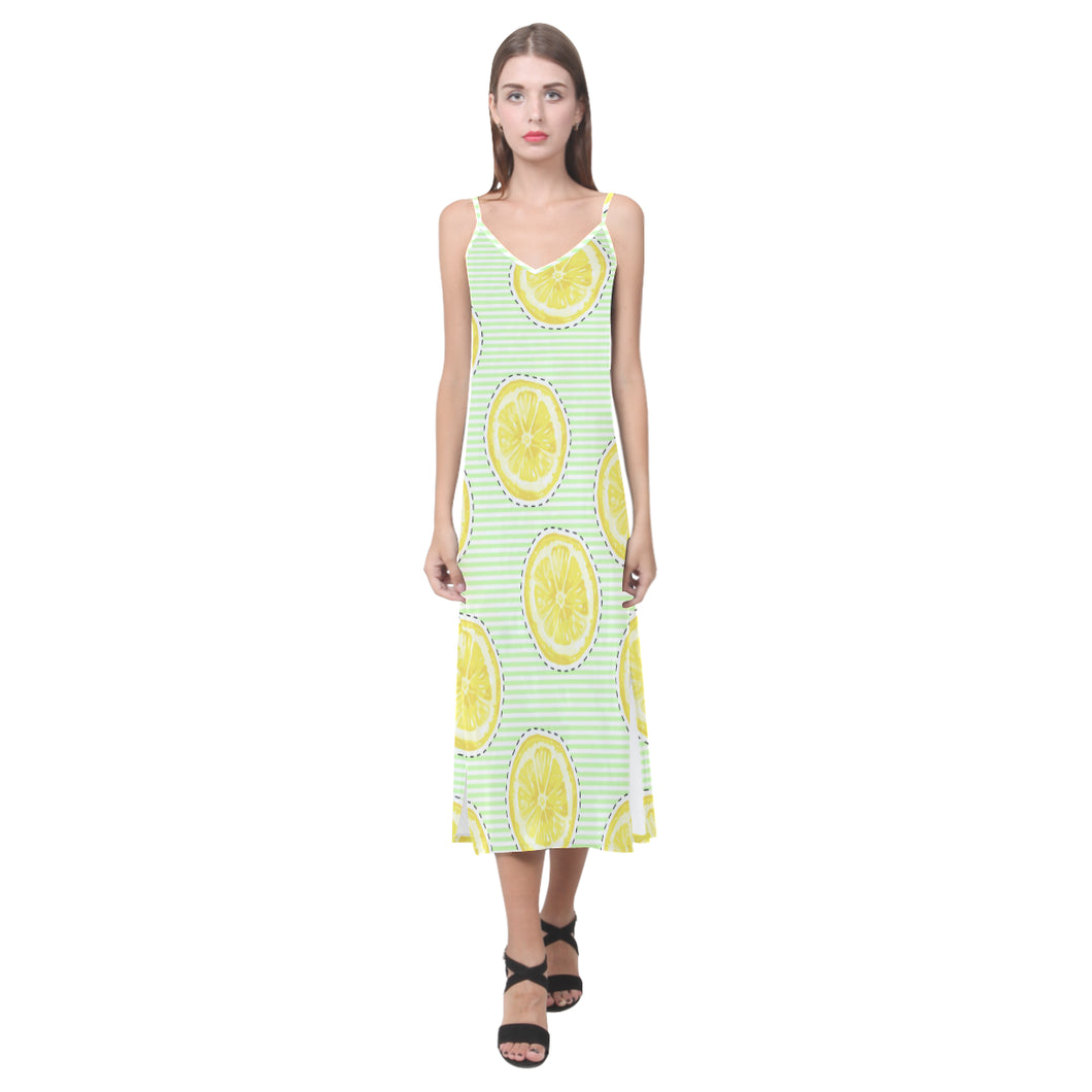 slice of lemon pattern V-Neck Open Fork Long Dress