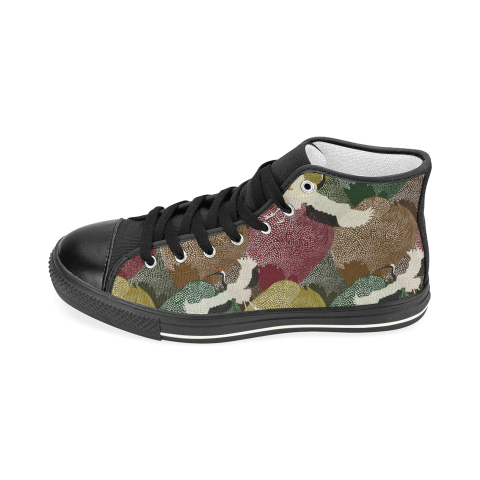 Japanese cranes flying forest dot pattern Women's High Top Canvas Shoes Black