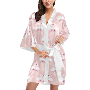 White swan and flower love pattern Women's Short Kimono Robe