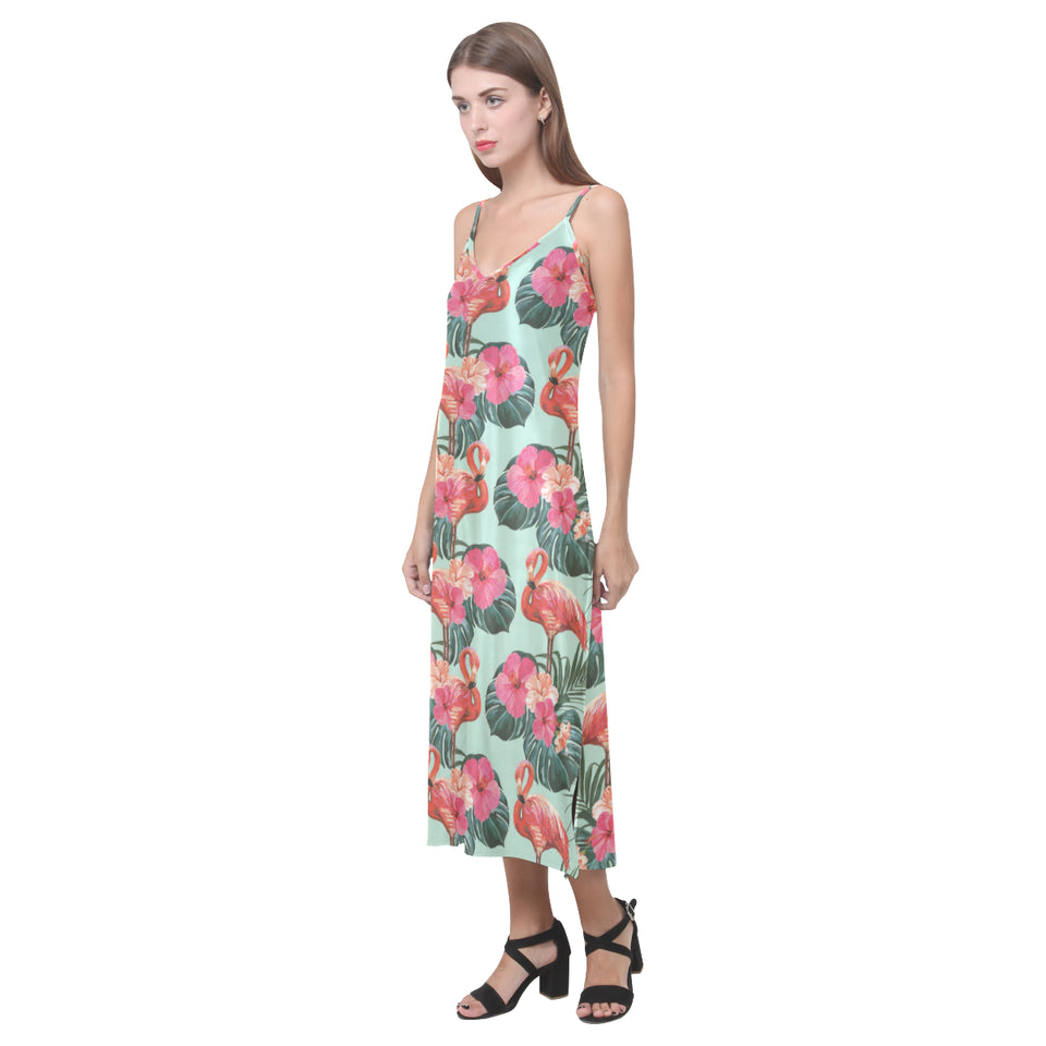 Beautiful flamingo tropical palm leaves hibiscus p V-Neck Open Fork Long Dress