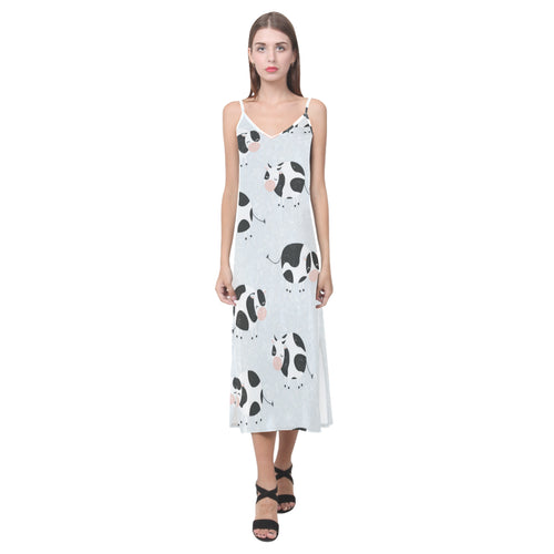 Cute cows pattern V-Neck Open Fork Long Dress
