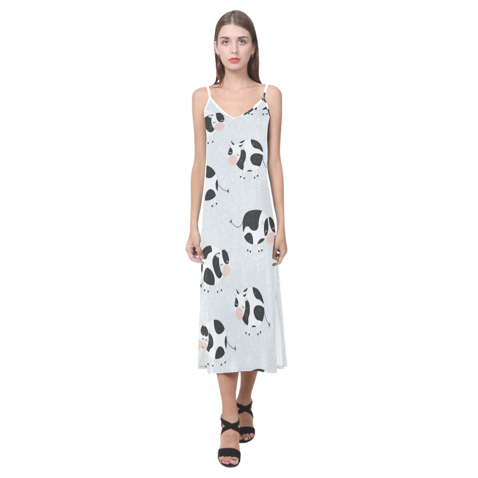 Cute cows pattern V-Neck Open Fork Long Dress