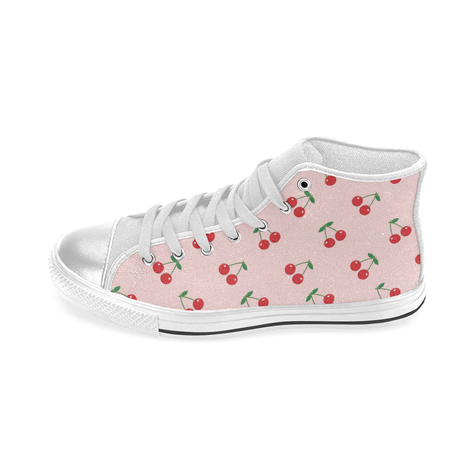 cherry pattern pink background Women's High Top Canvas Shoes White