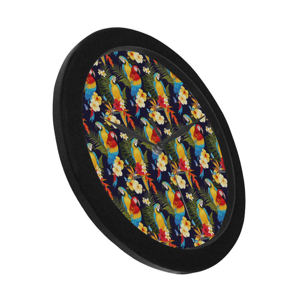 Colorful parrot flower pattern Elegant Black Wall Clock