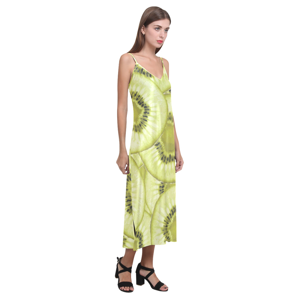 Sliced kiwi pattern V-Neck Open Fork Long Dress