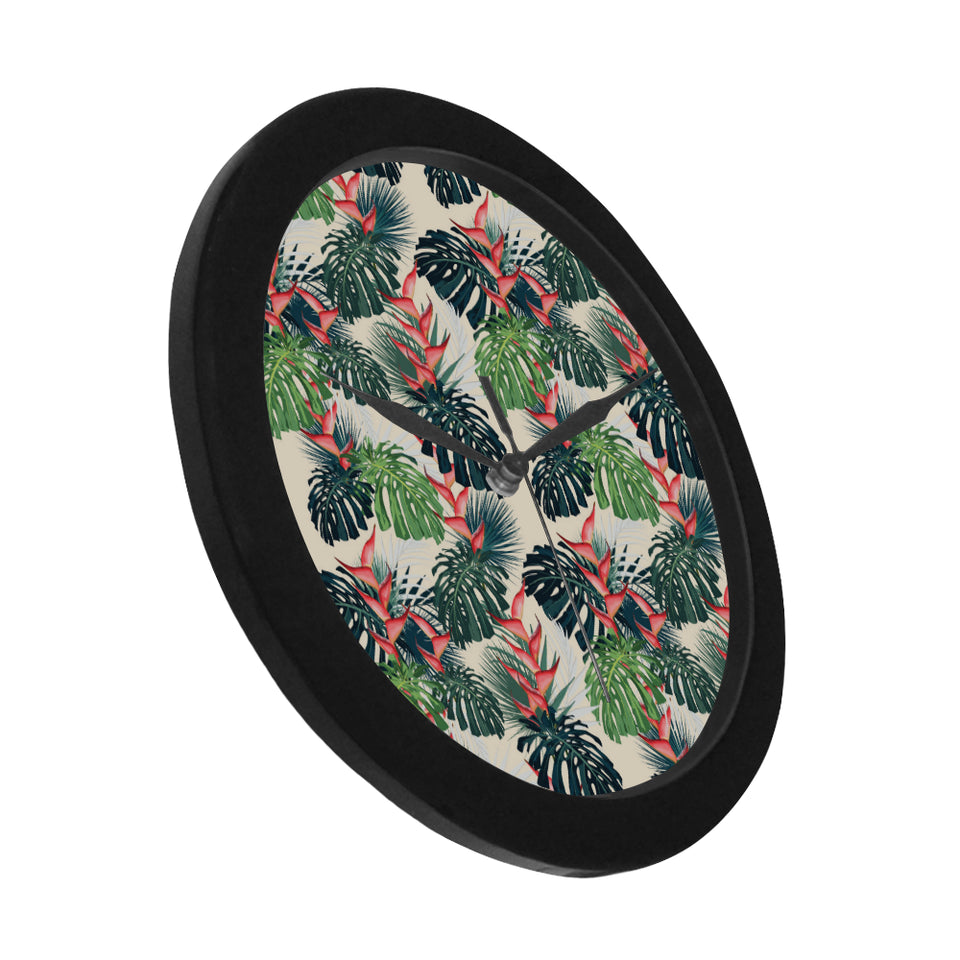 heliconia flowers, palm and monstera leaves Elegant Black Wall Clock