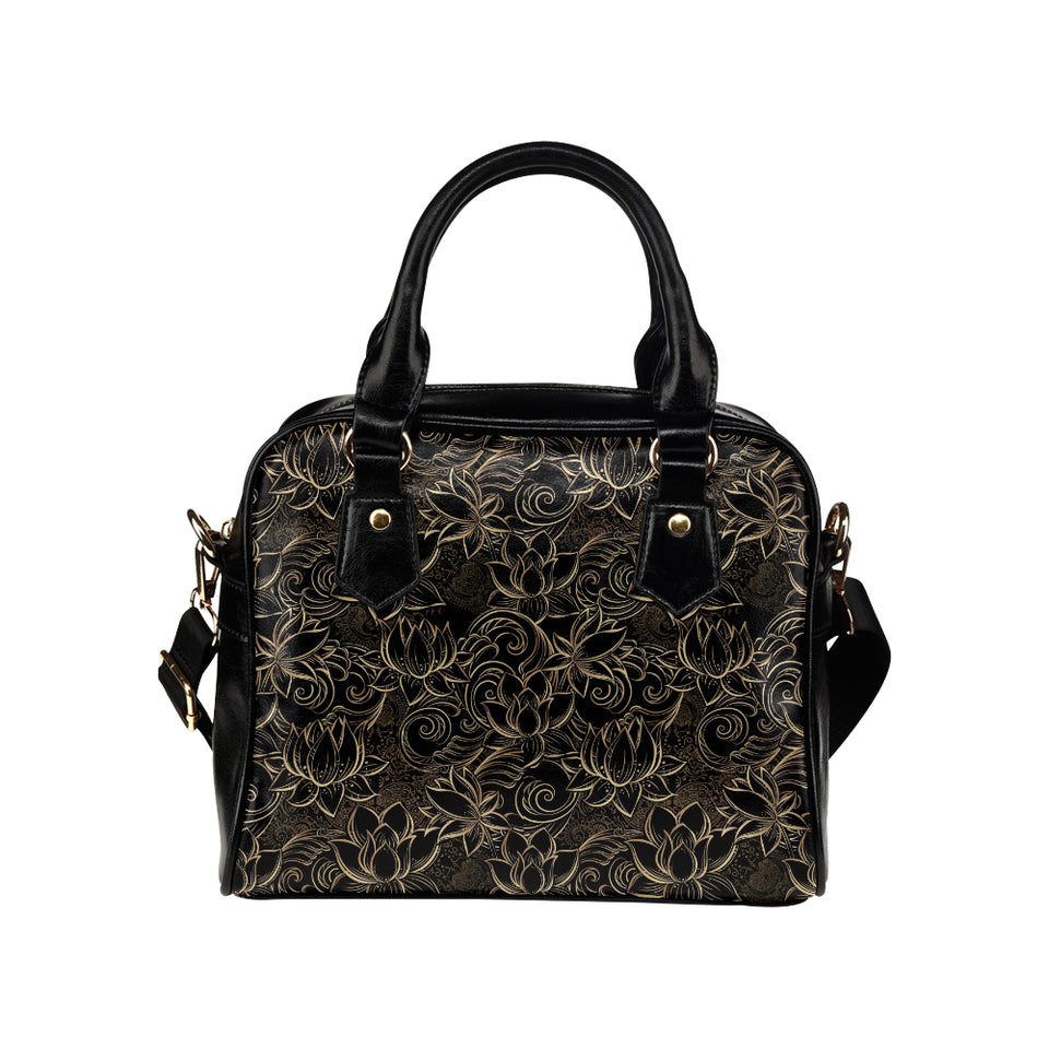 luxurious gold lotus waterlily black background Shoulder Handbag