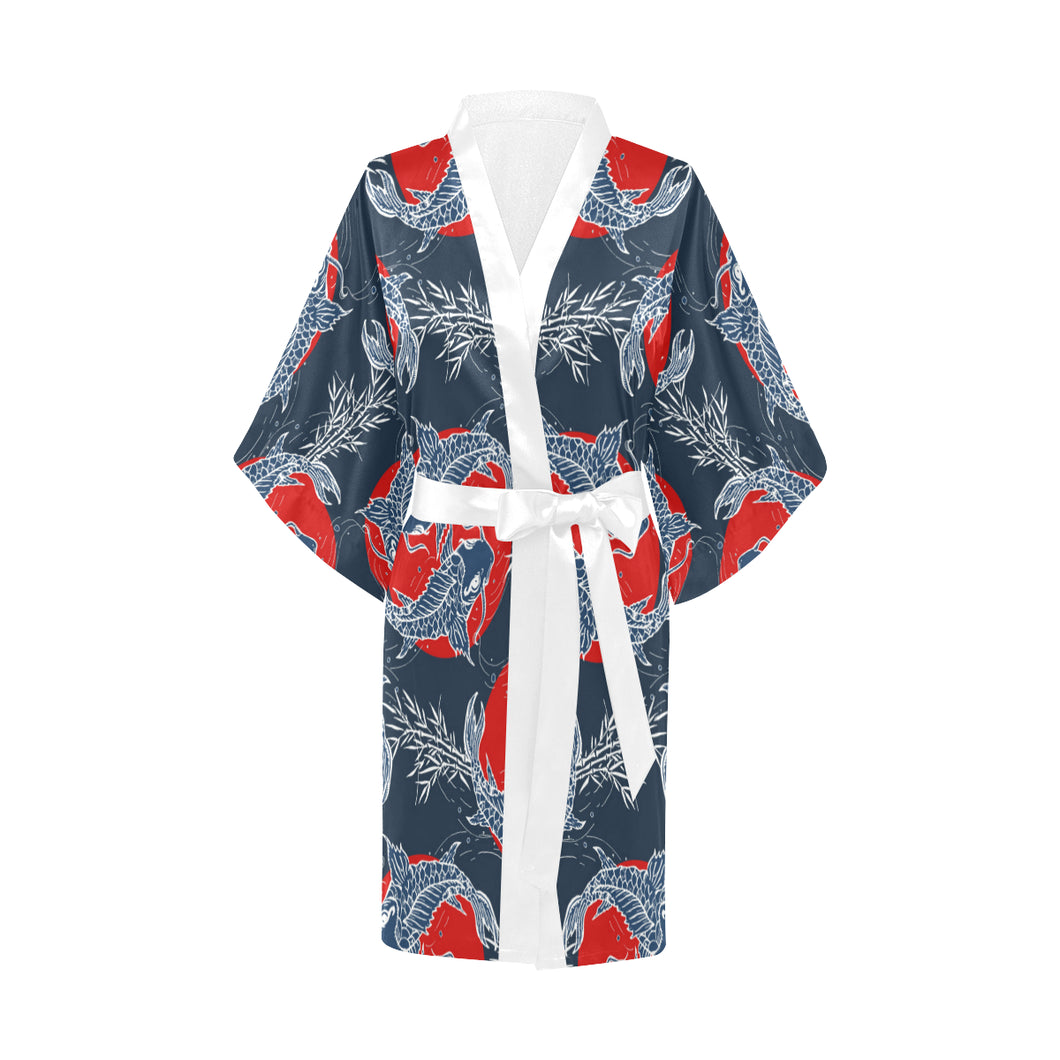 Koi Fish Carp Fishs hand drawn japanese art Women's Short Kimono Robe