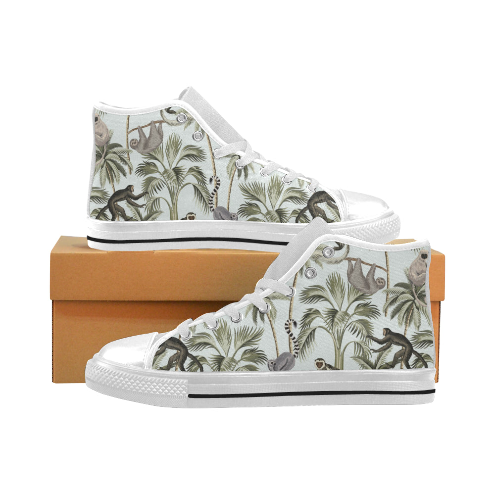 Monkey sloth lemur palm trees pattern Men's High Top Canvas Shoes White