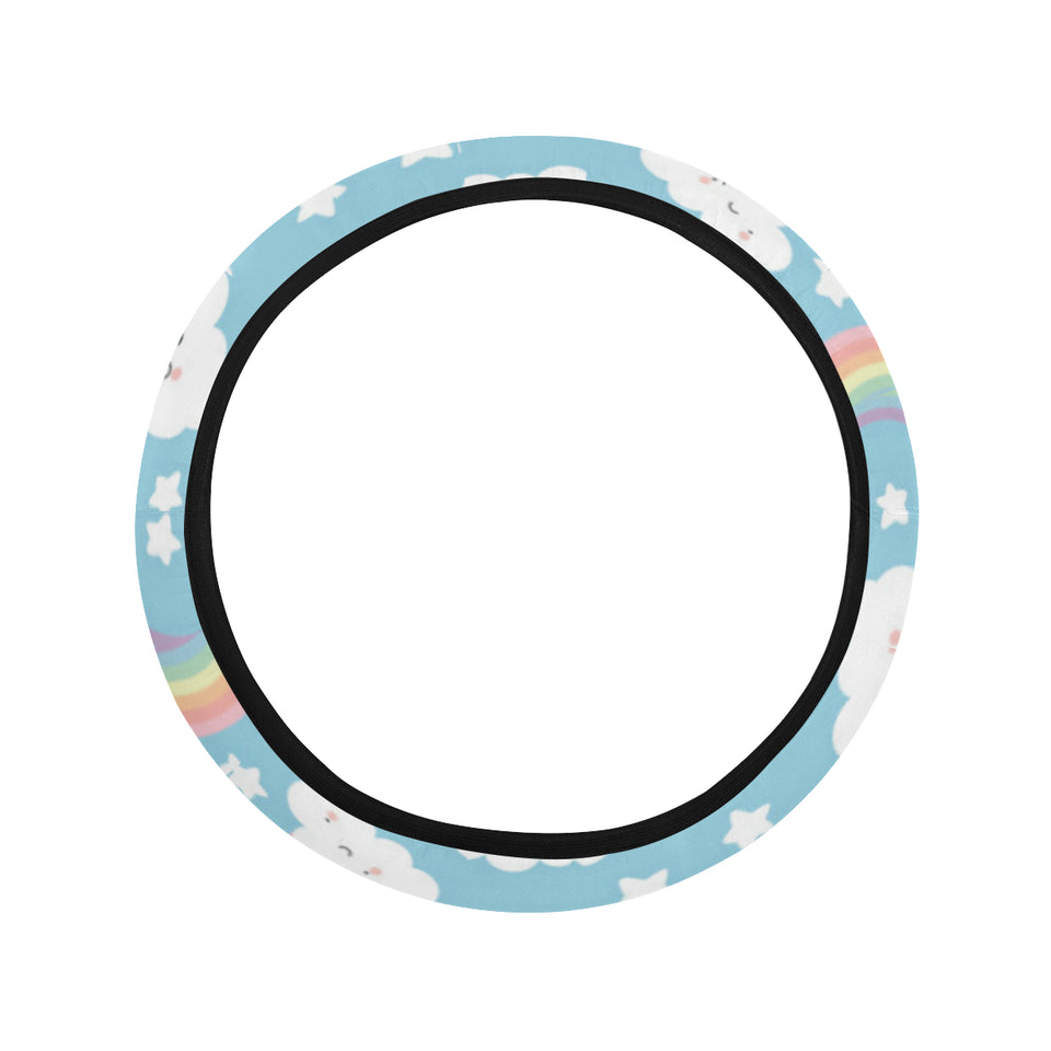 Cute rainbow clound star pattern blue background Car Steering Wheel Cover