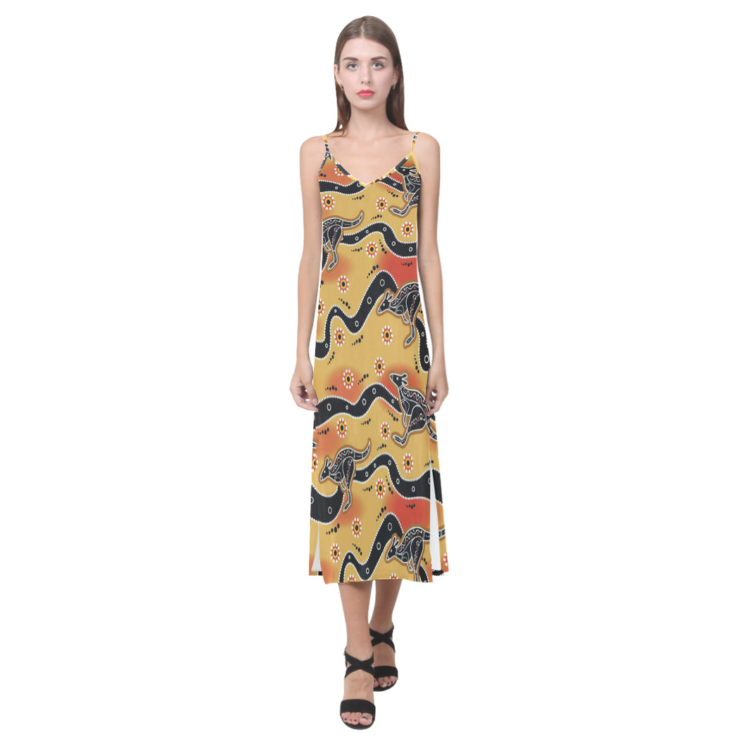 Kangaroo Australian aboriginal art pattern V-Neck Open Fork Long Dress