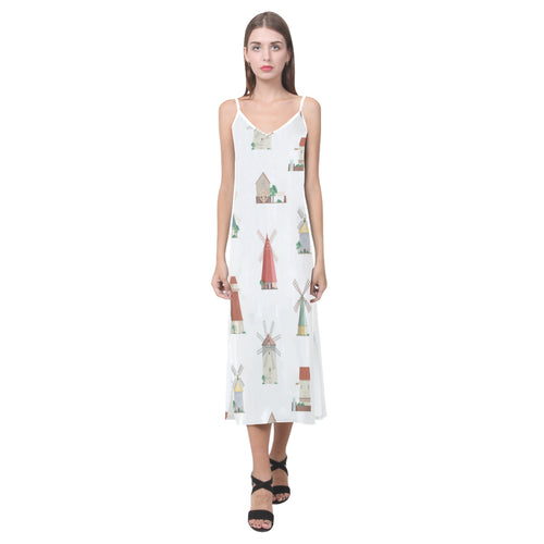 windmill design pattern V-Neck Open Fork Long Dress