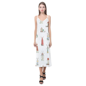 windmill design pattern V-Neck Open Fork Long Dress