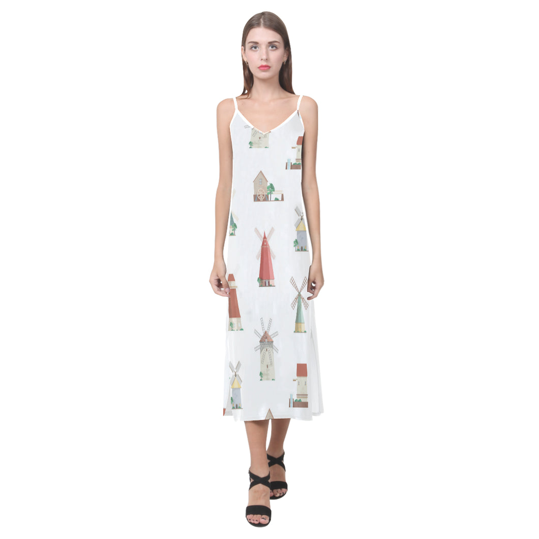 windmill design pattern V-Neck Open Fork Long Dress