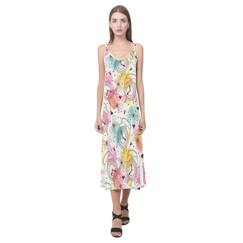 Clock butterfly pattern V-Neck Open Fork Long Dress
