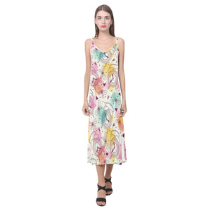 Clock butterfly pattern V-Neck Open Fork Long Dress