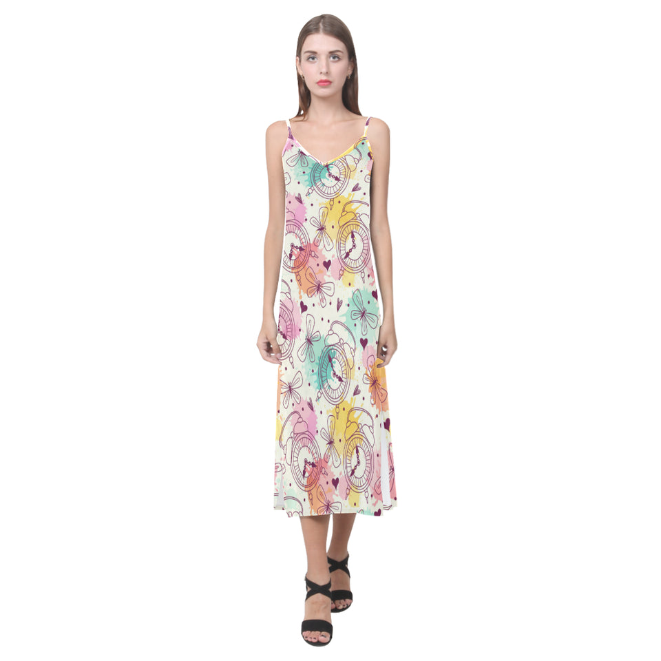 Clock butterfly pattern V-Neck Open Fork Long Dress