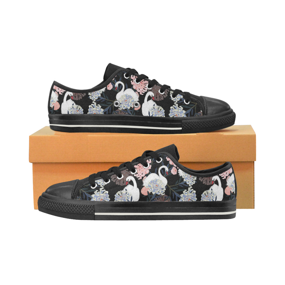 white swan blooming flower pattern Women's Low Top Canvas Shoes Black