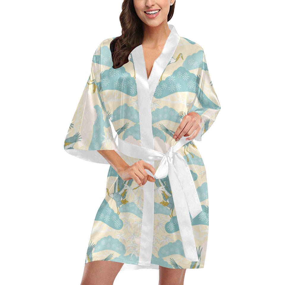 Bonsai bamboo stork japanese pattern cream theme Women's Short Kimono Robe