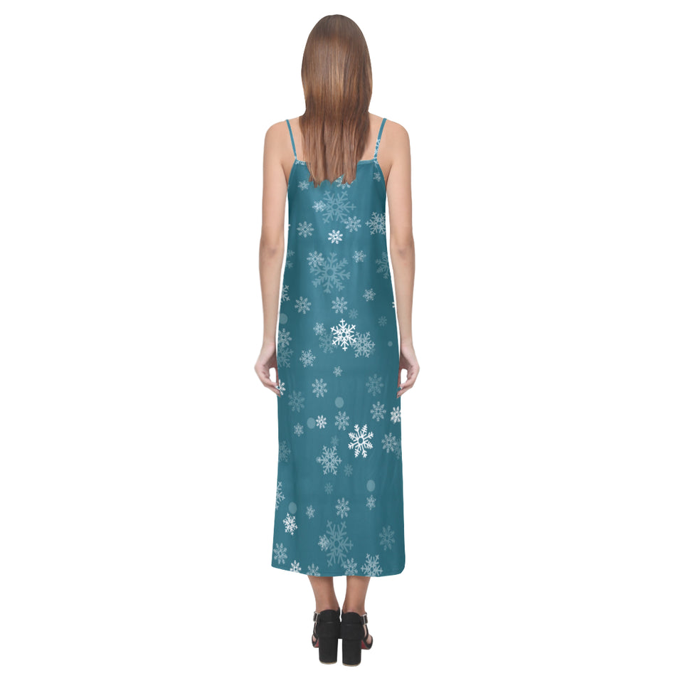 Snowflake pattern dark background V-Neck Open Fork Long Dress