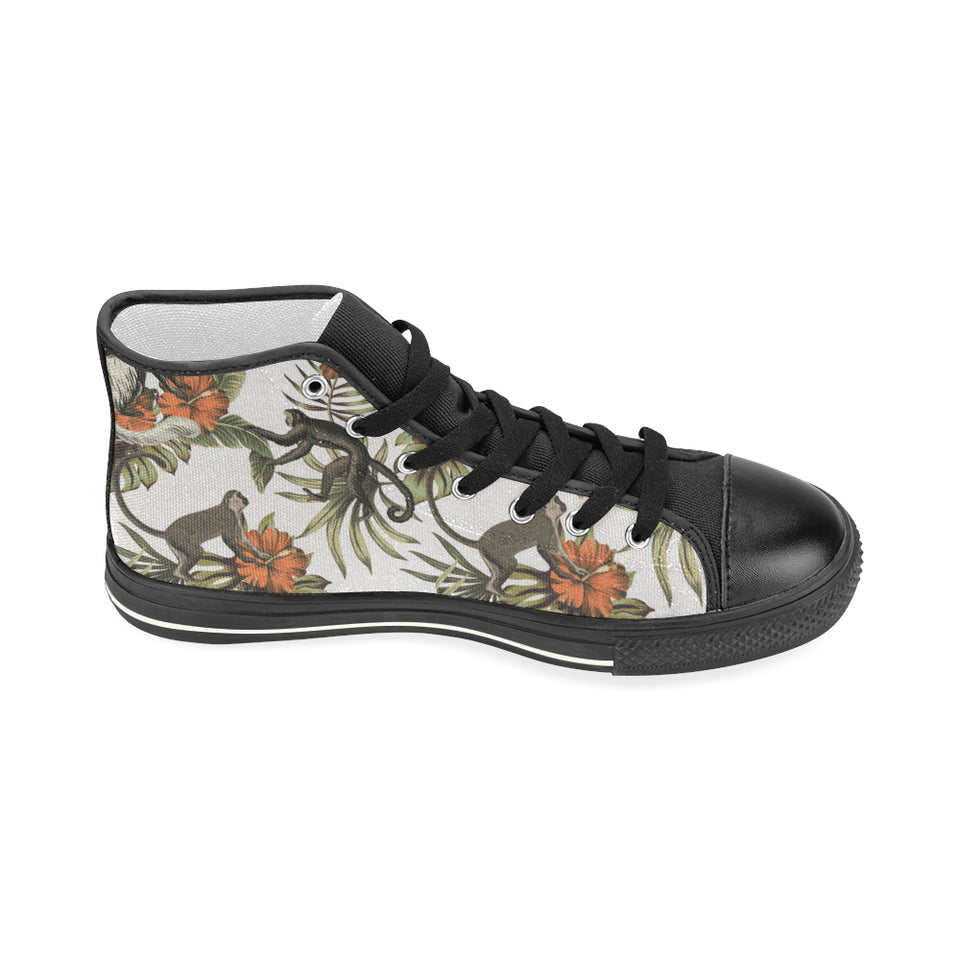 Monkey red hibiscus flower palm leaves floral patt Women's High Top Canvas Shoes Black