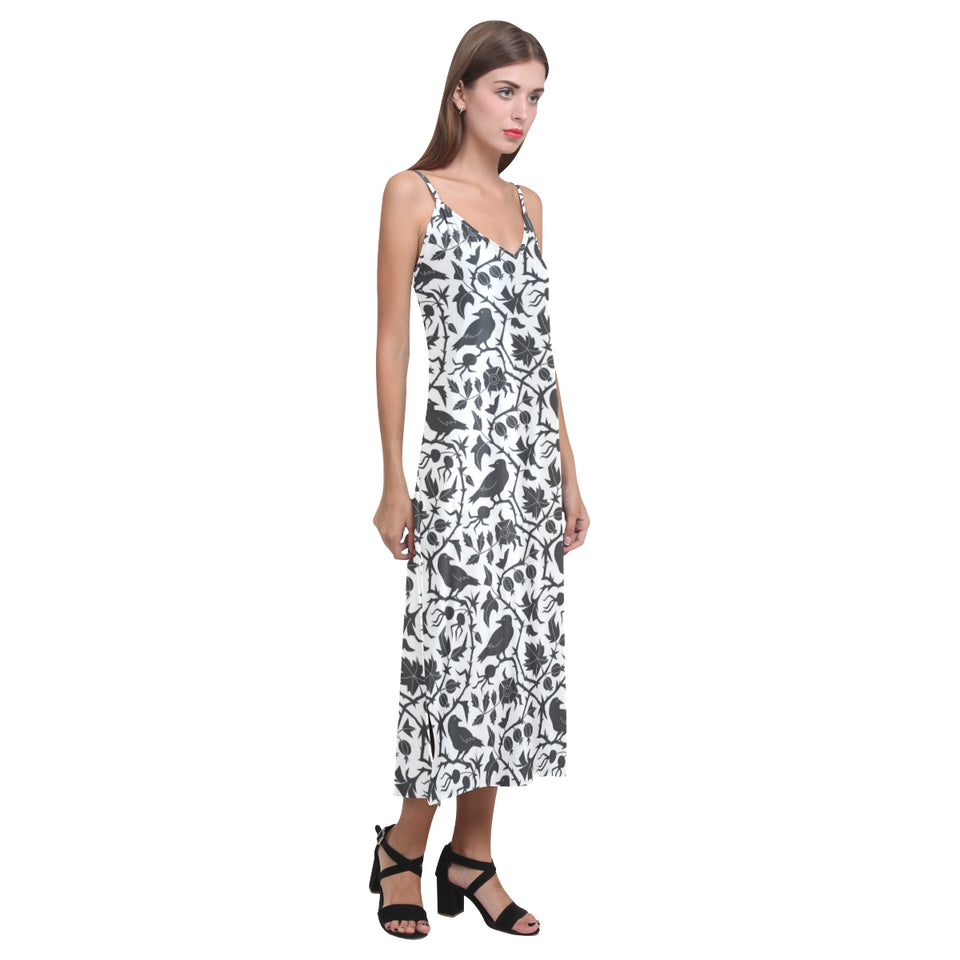 Crow dark floral pattern V-Neck Open Fork Long Dress