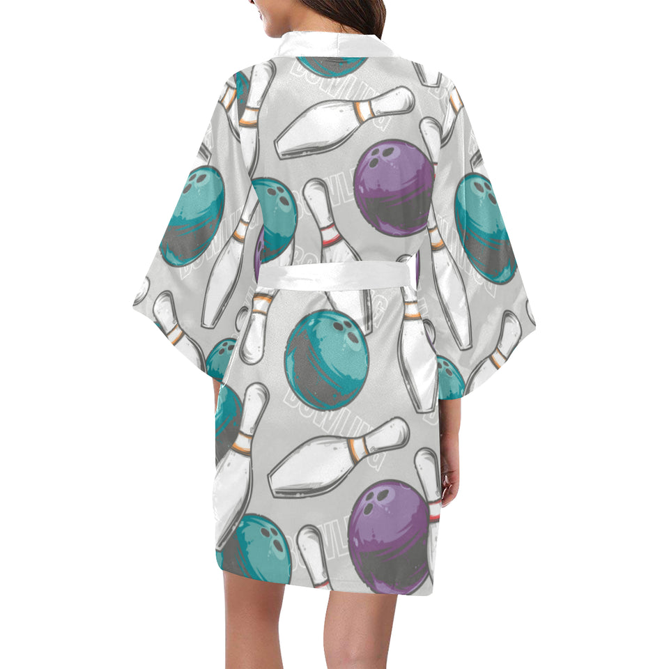 Bowling ball and pin gray background Women's Short Kimono Robe