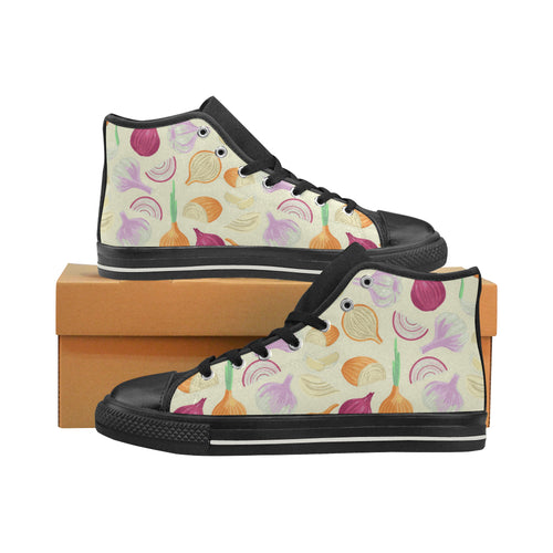Onion garlic white red pattern Women's High Top Canvas Shoes Black