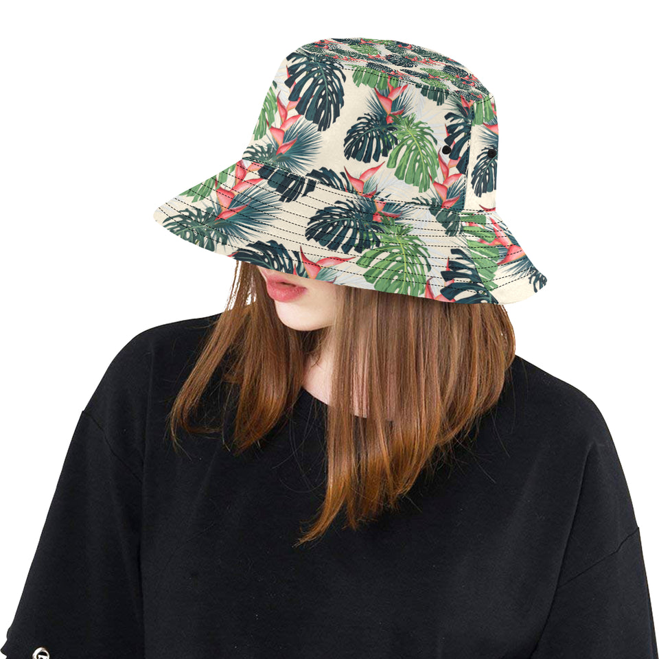 heliconia flowers, palm and monstera leaves Unisex Bucket Hat