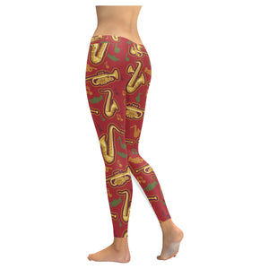Saxophone cornet pattern red background Women's Legging Fulfilled In US