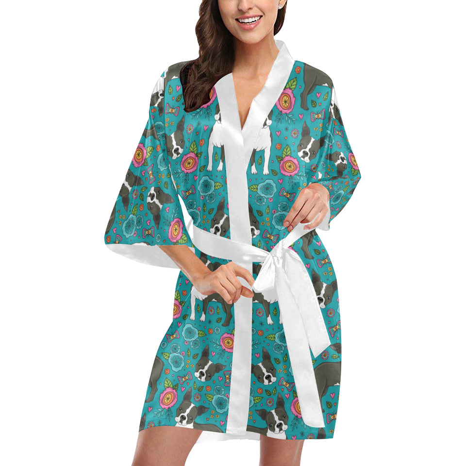 Boston terrier beautiful flower pattern Women's Short Kimono Robe