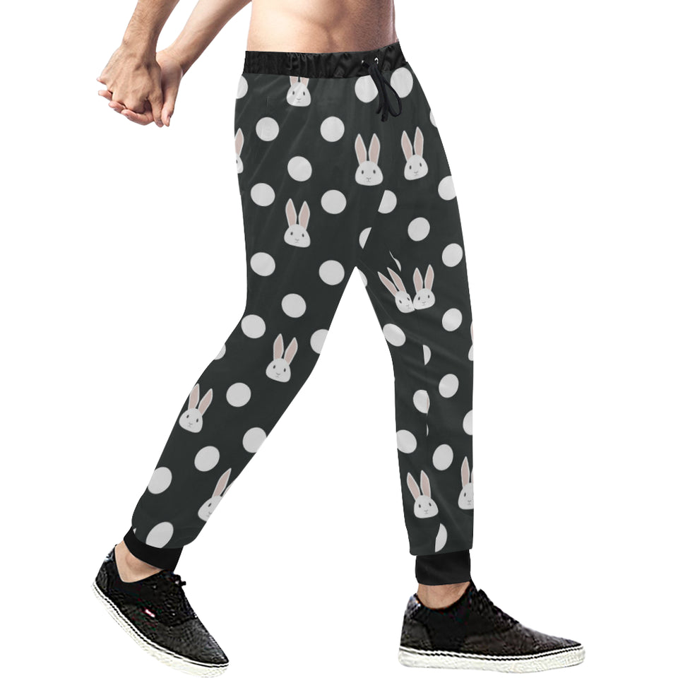 Cute white rabbit polka dots black background Unisex Casual Sweatpants