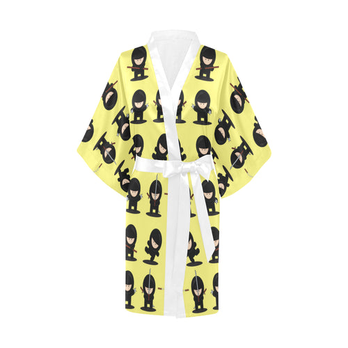 Cute ninja yellow background Women's Short Kimono Robe