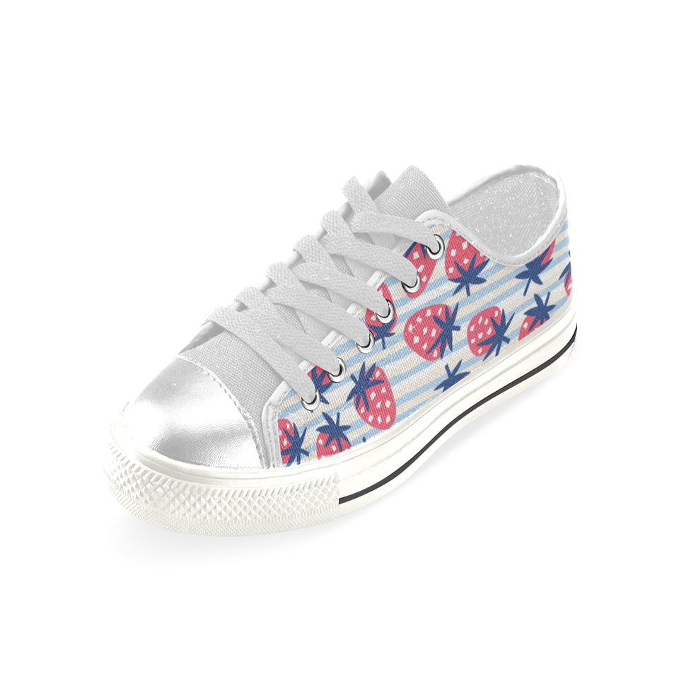 Strawberry pattern blue lines background Women's Low Top Canvas Shoes White