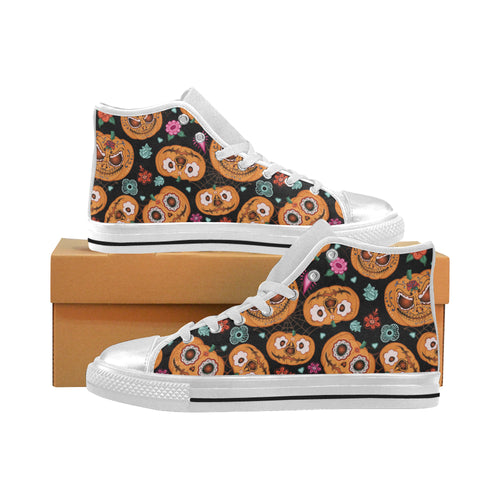 Pumpkin flowers spiderweb Halloween theme Women's High Top Canvas Shoes White