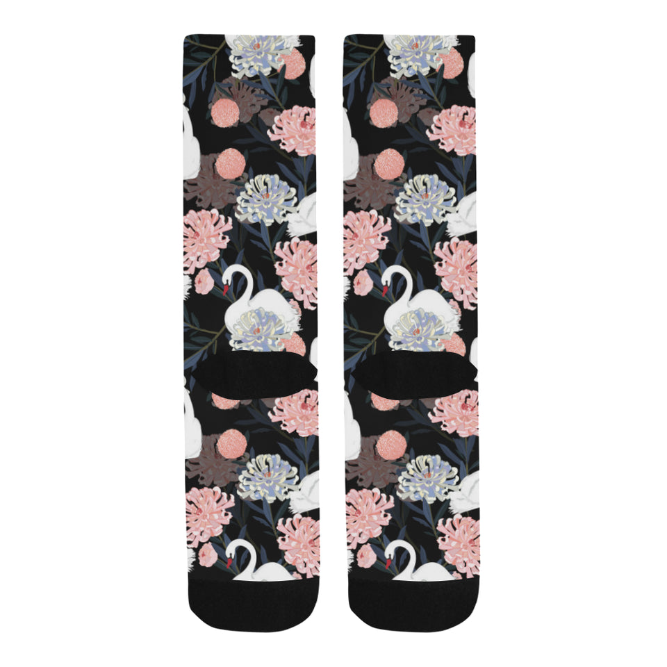 white swan blooming flower pattern Crew Socks